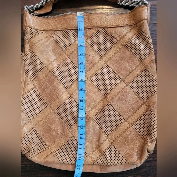 B. MARKOWSKY XL BOHO leather pebbled perforated Patchwork shoulder bag purse TAN - Picture 14 of 15